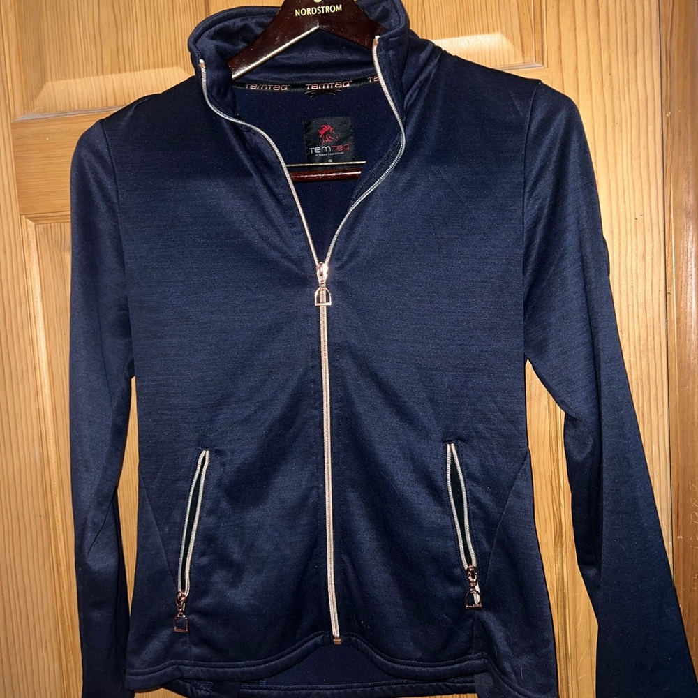 Blue Bomber Jacket with Moisture-Wicking Fabric and Standing Collar